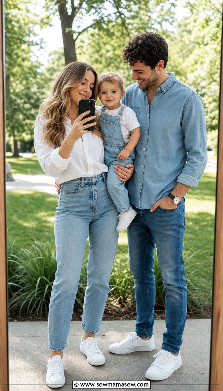 Denim Overalls and White Tee Coordinated Family Look - 25 Family photo outfit ideas with toddler