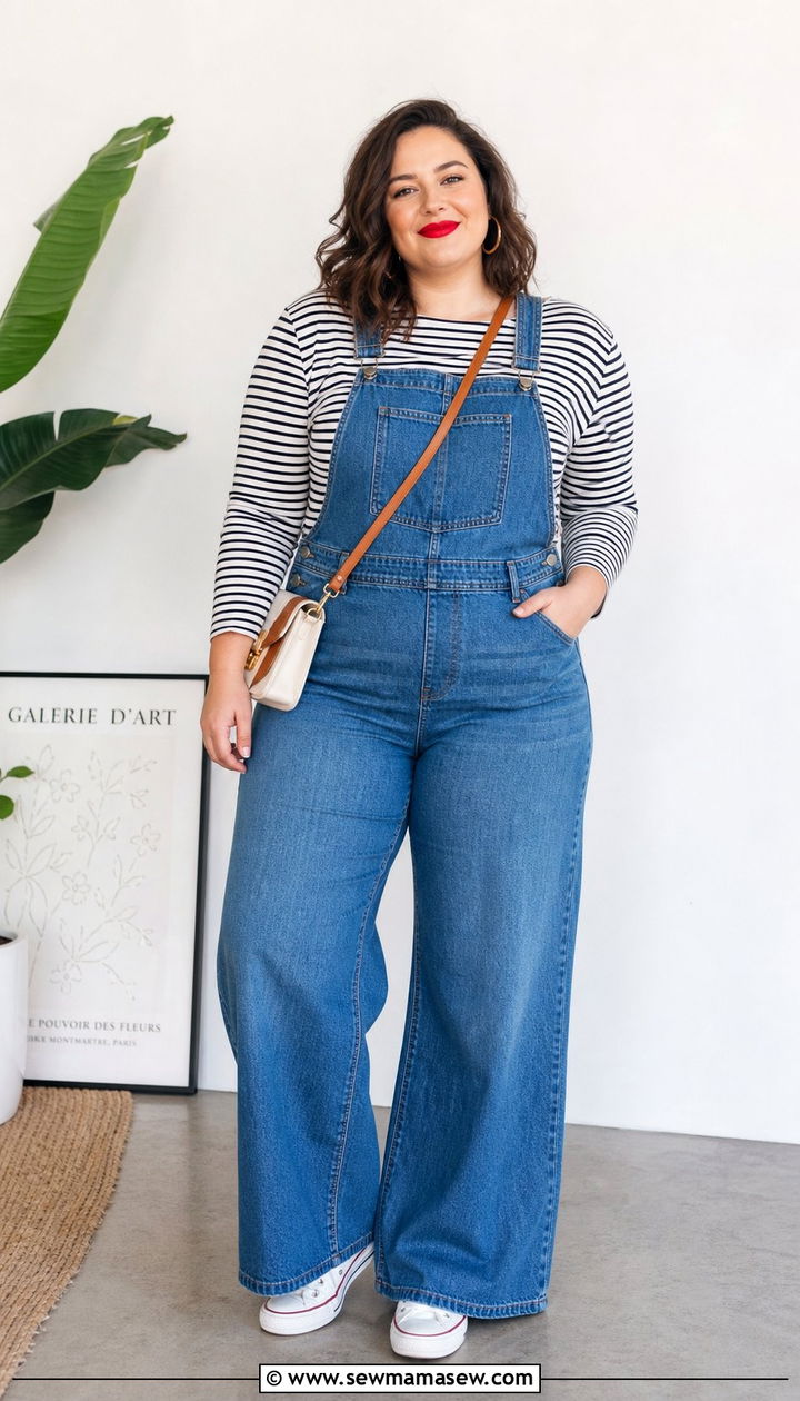 Denim Overalls and a Striped Tee - 25 Double denim outfit ideas plus size