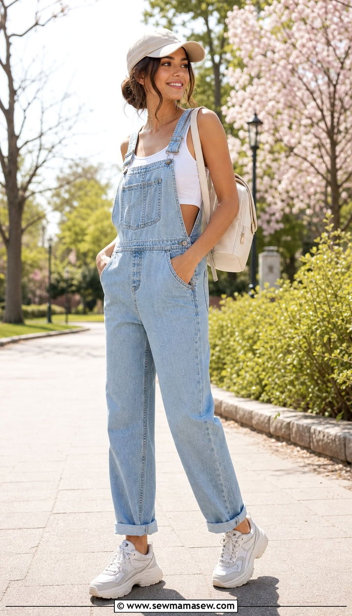Denim Overalls with Crop Top and Retro Sneakers - 25 spring 90s outfit ideas