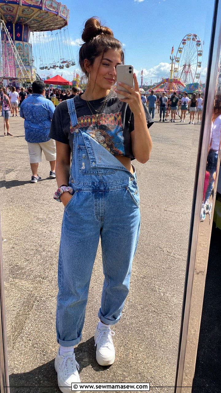 Denim Overalls with Cropped Graphic Tee and Platform Sneakers - 30 State fair outfit ideas