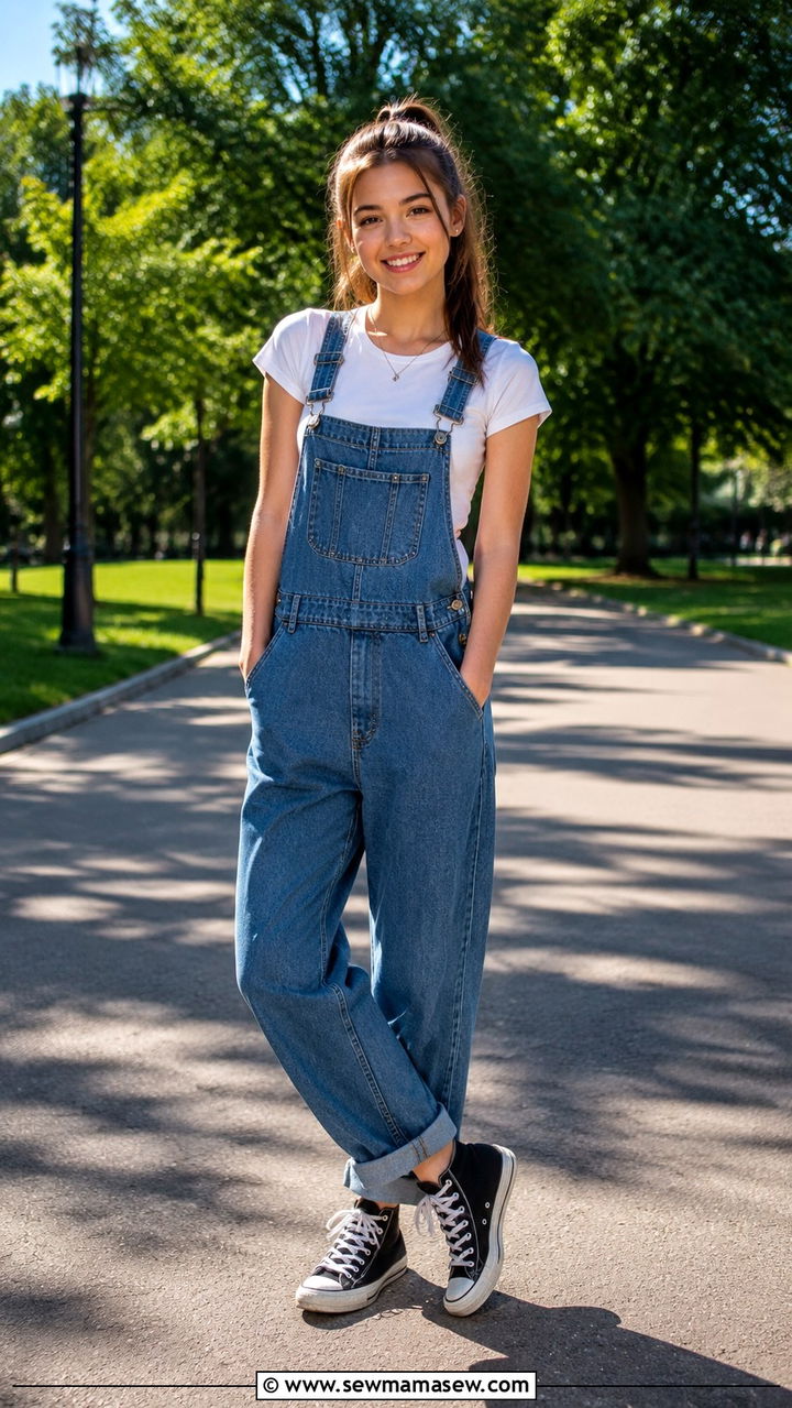 Denim Overalls with Fitted White Tee and Converse - 30 Trendy outfits for 16 year olds