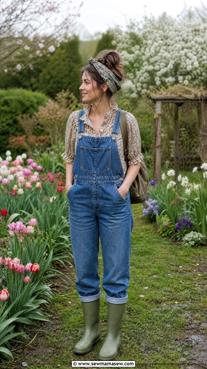 Denim Overalls with Floral Blouse and Rain Boots - 30 Cottagecore spring outfits