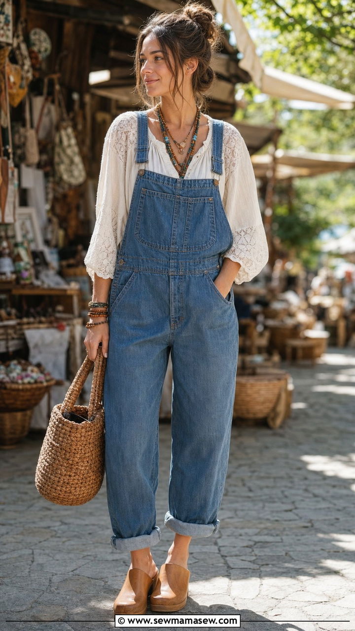 Denim Overalls with Lace Peasant Blouse and Clogs - 35 casual boho outfits