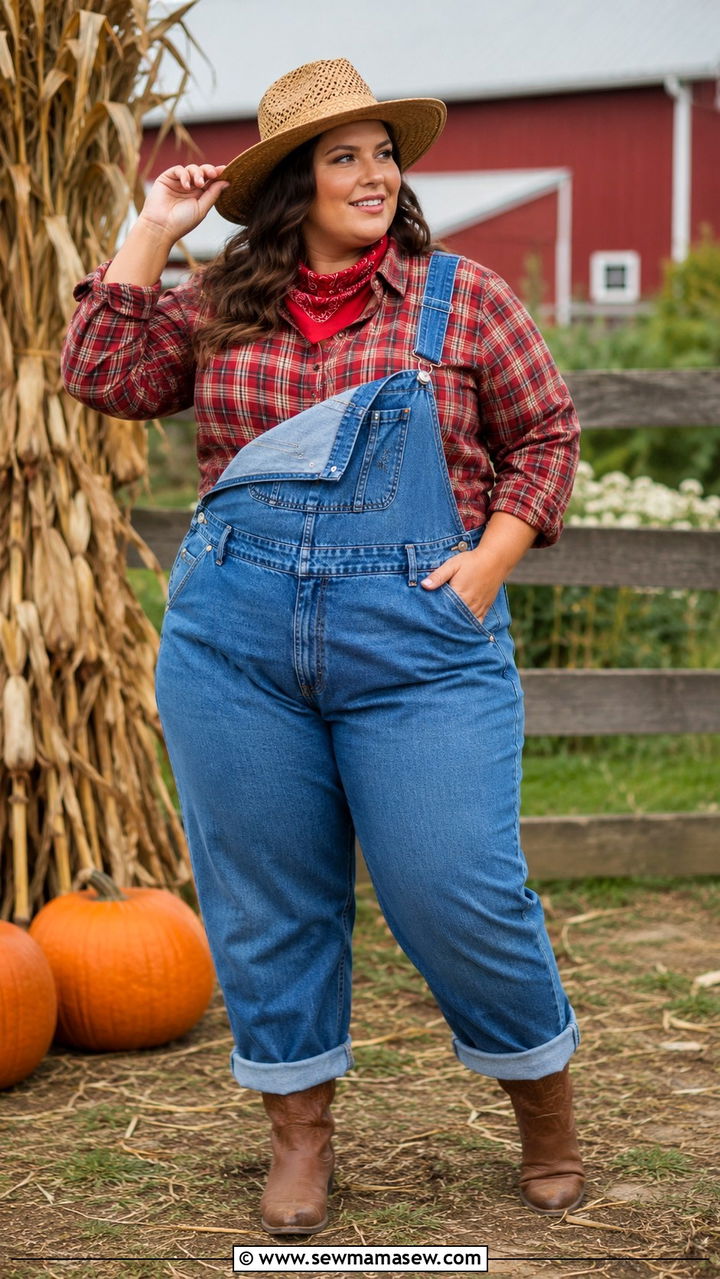 Denim Overalls with Plaid Shirt - 25 Plus size outfit ideas western