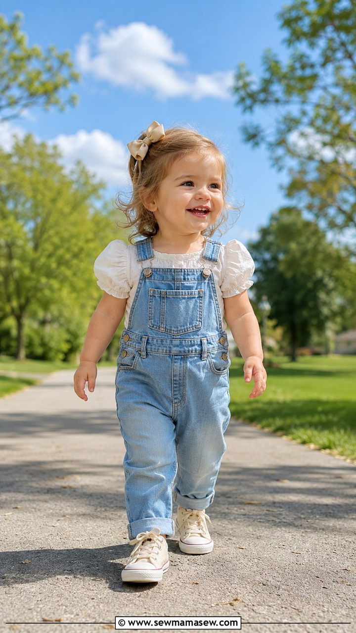 Denim Overalls with Puff Sleeve Top Outfit - 30 Kids family photo outfits