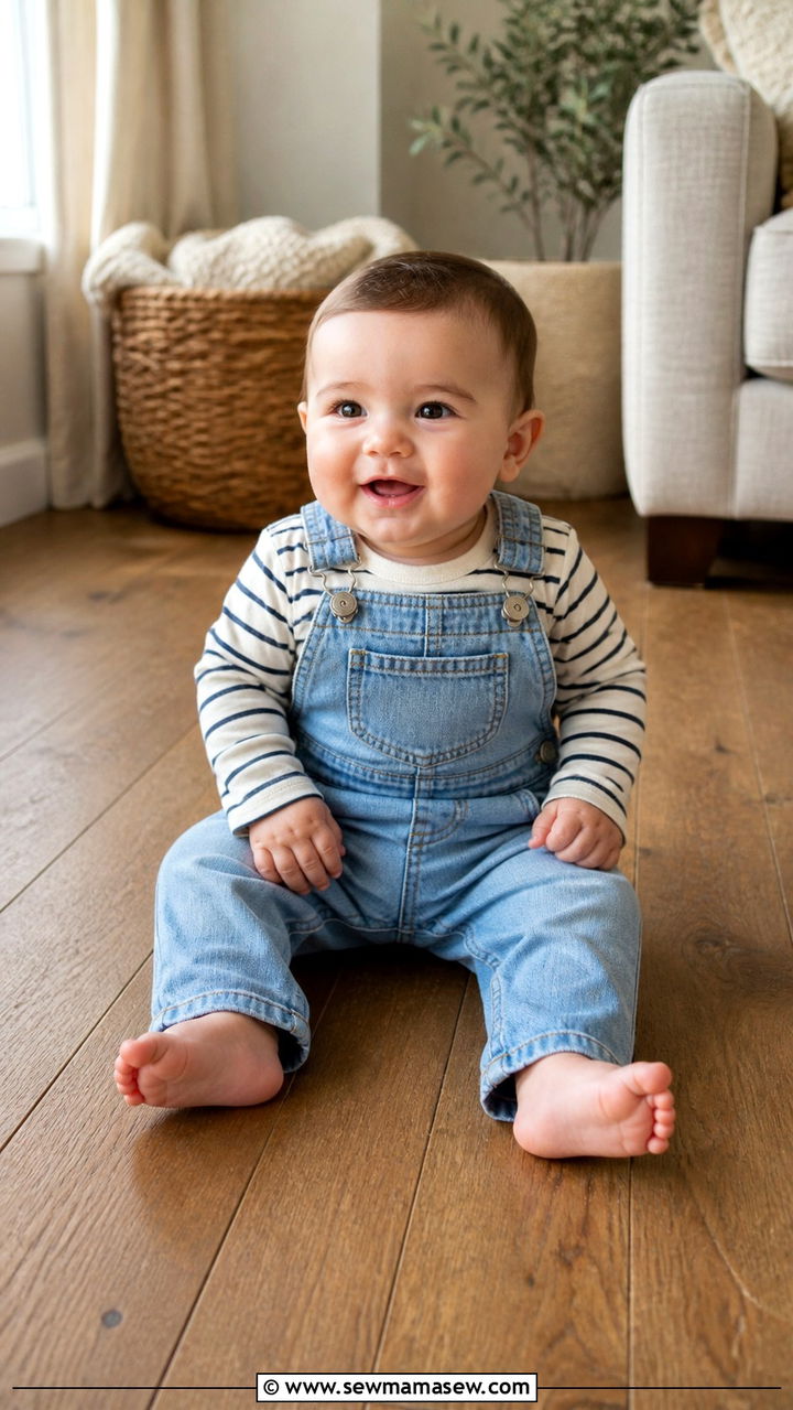 Denim Overalls with Striped Long Sleeve Tee - 20 6 month photo outfit ideas