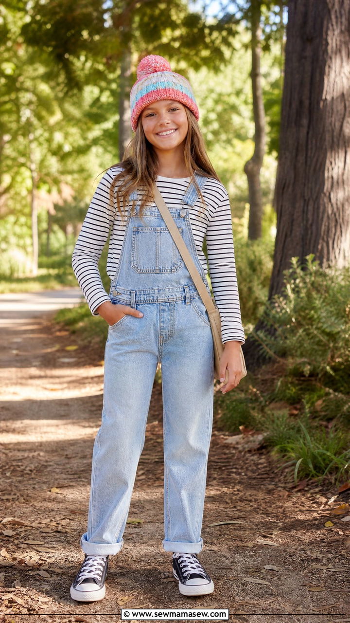 Denim Overalls with Striped Long Sleeve Tee - 25 Tween outfit ideas for 10 year olds