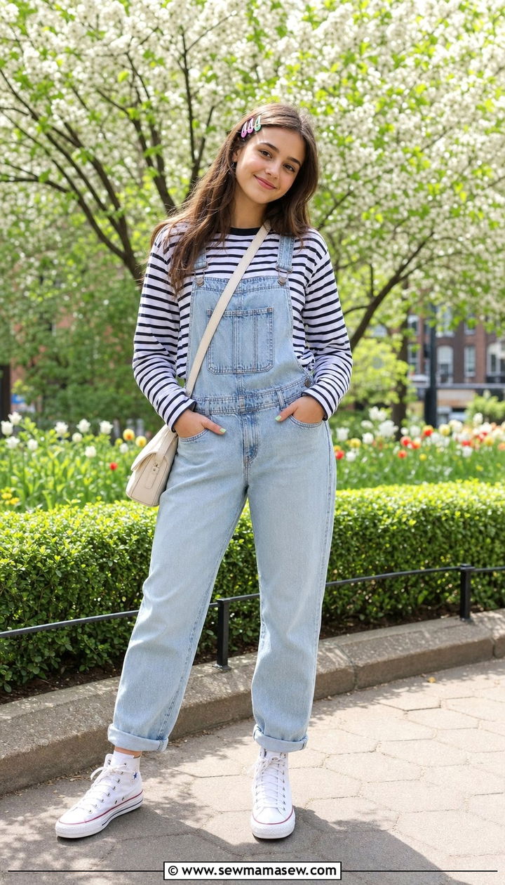 Denim Overalls with Striped Long Sleeve Tee Outfit - 25 Cute spring outfits for teens