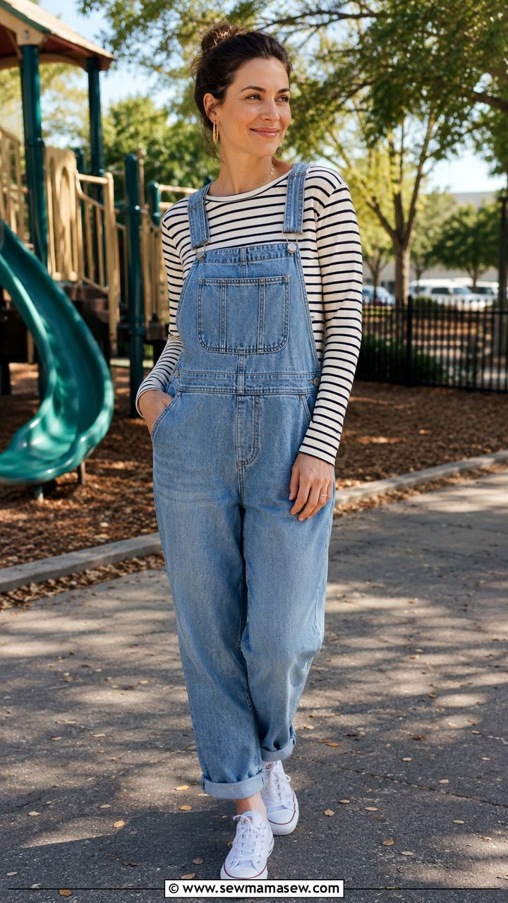 Denim Overalls with Striped Long Sleeve Tee and Sneakers - 25 Playground outfit ideas for moms