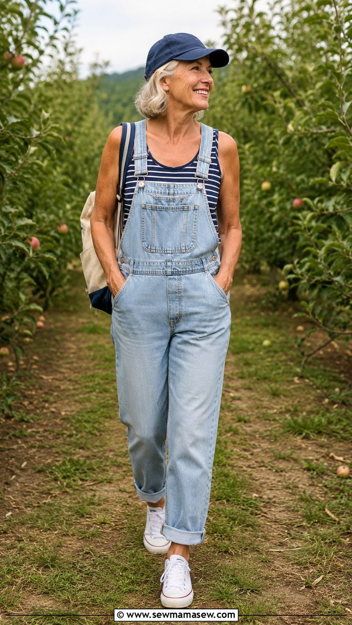 Denim Overalls with Striped Tank - 30 Picnic outfits for women over 60