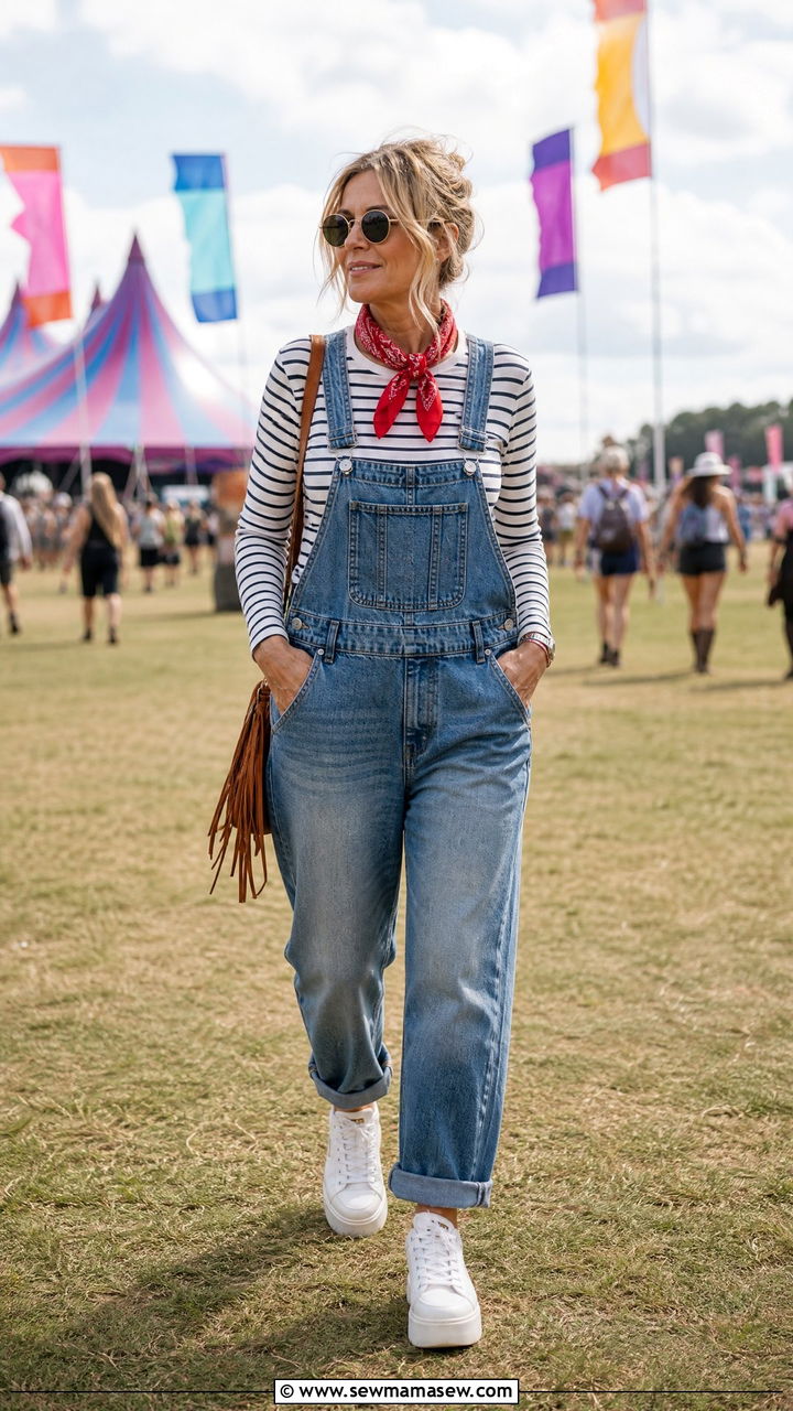 Denim Overalls with Striped Tee and Sneakers Festival Outfit - 30 music festival outfits for women over 40