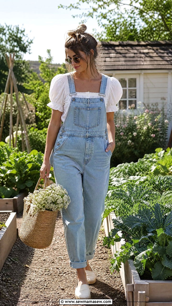 Denim Overalls with White Puff Sleeve Blouse - 30 Summer cottage outfits