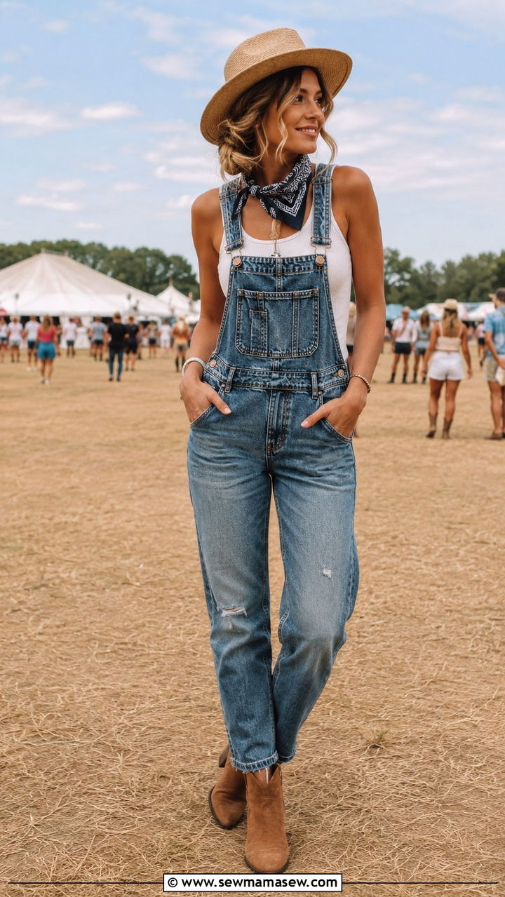 Denim Overalls with White Tank Outfit - 30 chic country concert outfits for women