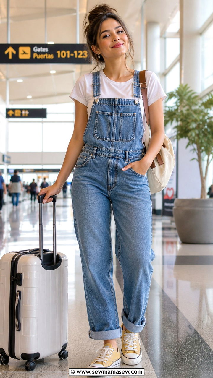 Denim Overalls with White Tee and Colorful Sneakers - 20 Airport outfit ideas pinterest 2026