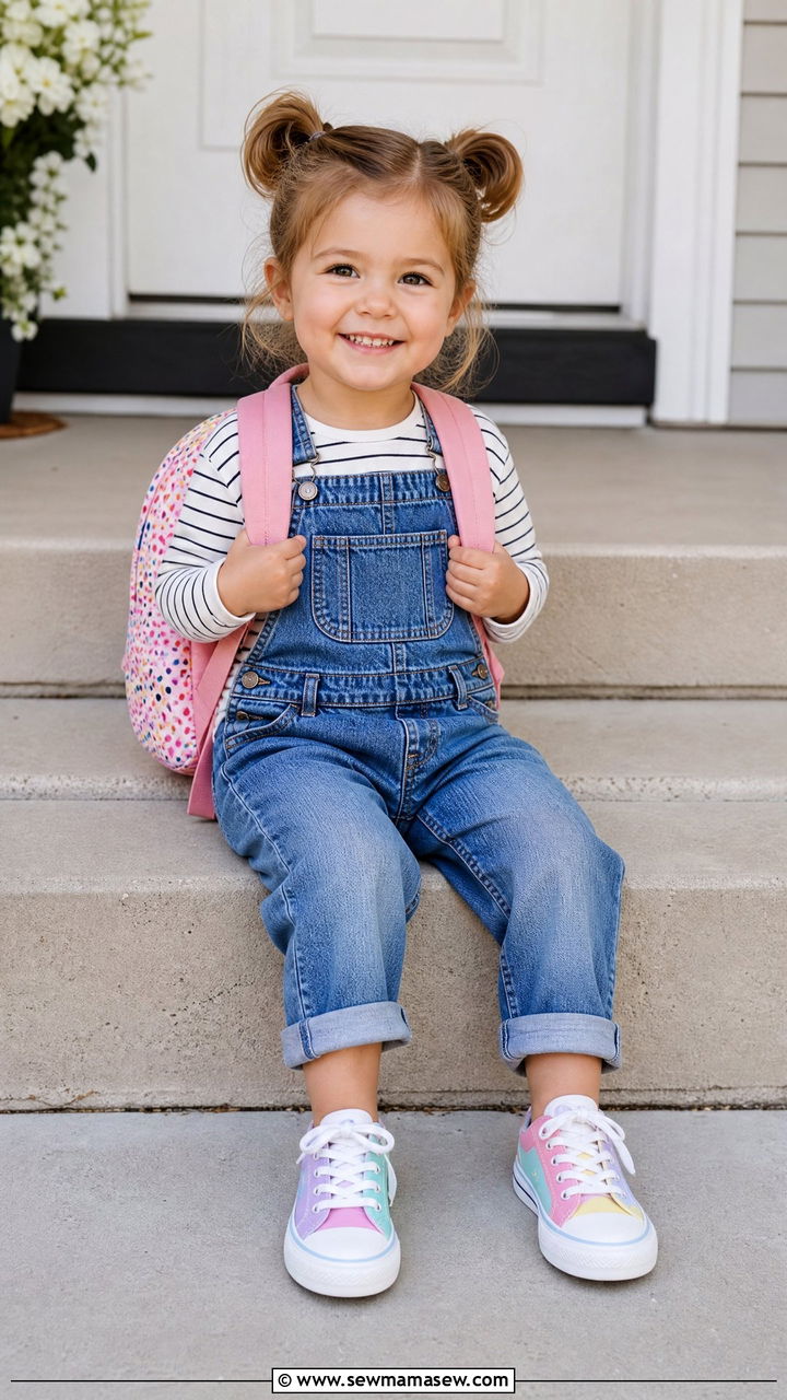 Denim Overalls with a Striped Tee and Canvas Sneakers - 25 First day of preschool outfit ideas