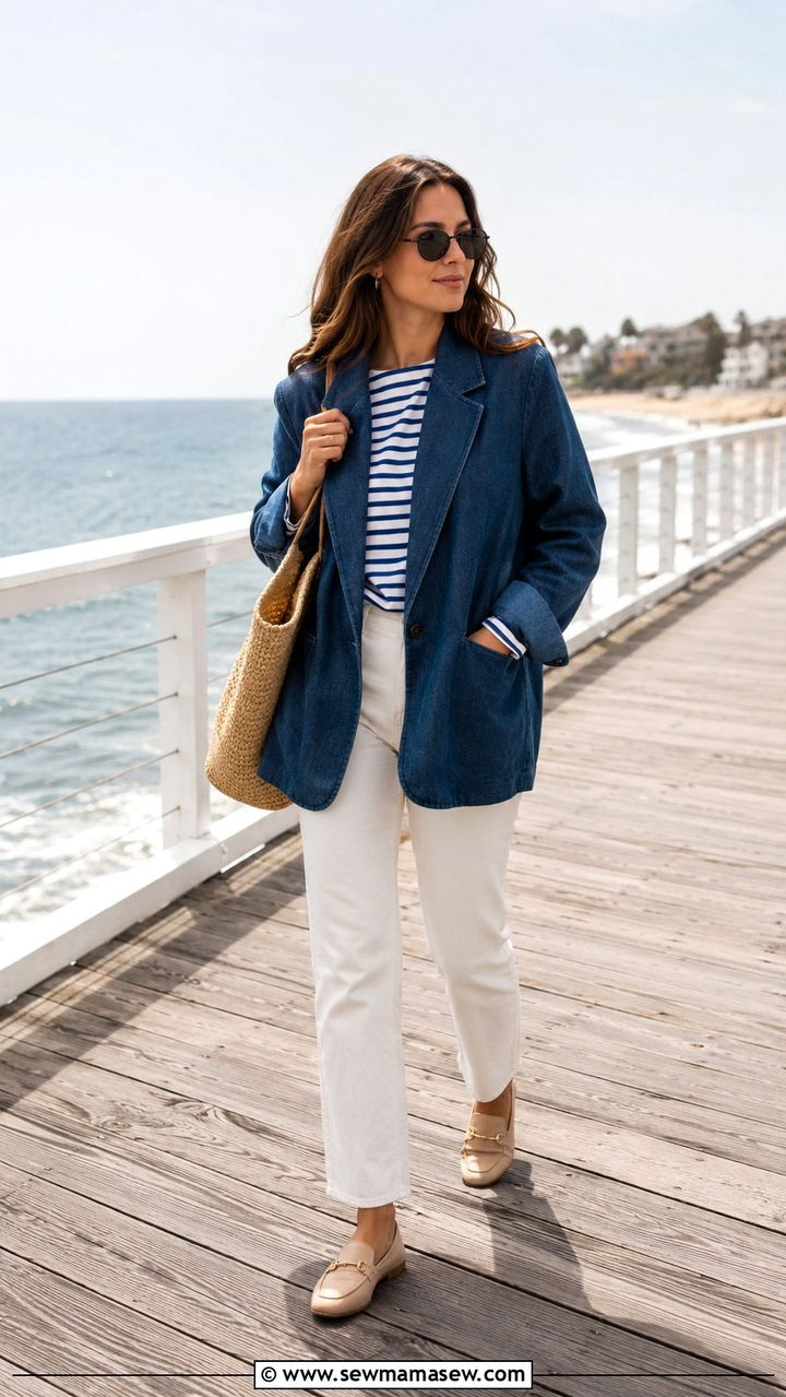Denim Oversized Blazer With White Jeans And Striped Top - 30 Oversized blazer outfit ideas with loafers