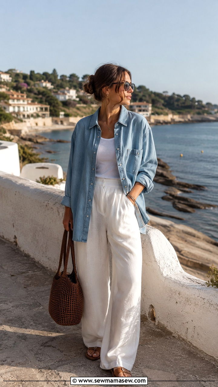 Denim Oversized Shirt With White Wide Leg Pants And Sandals - 30 casual clean girl outfits