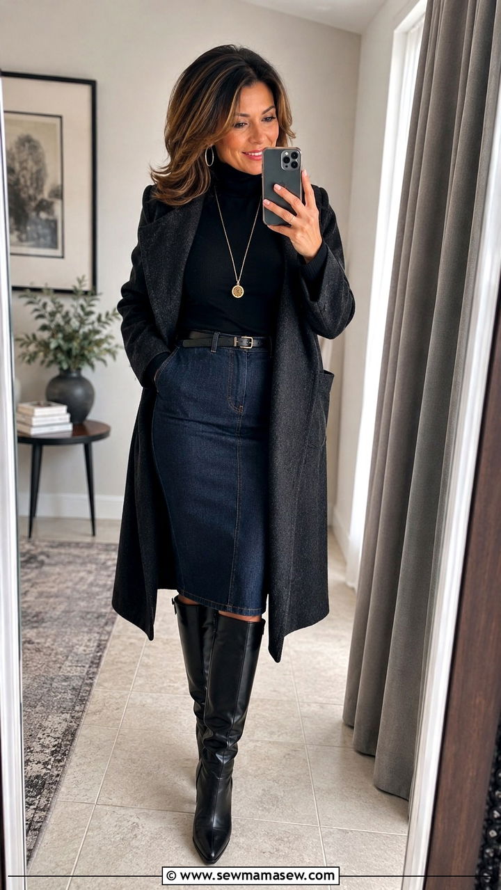 Denim Pencil Skirt With Turtleneck And Boots - 20 denim skirt outfits for women over 40