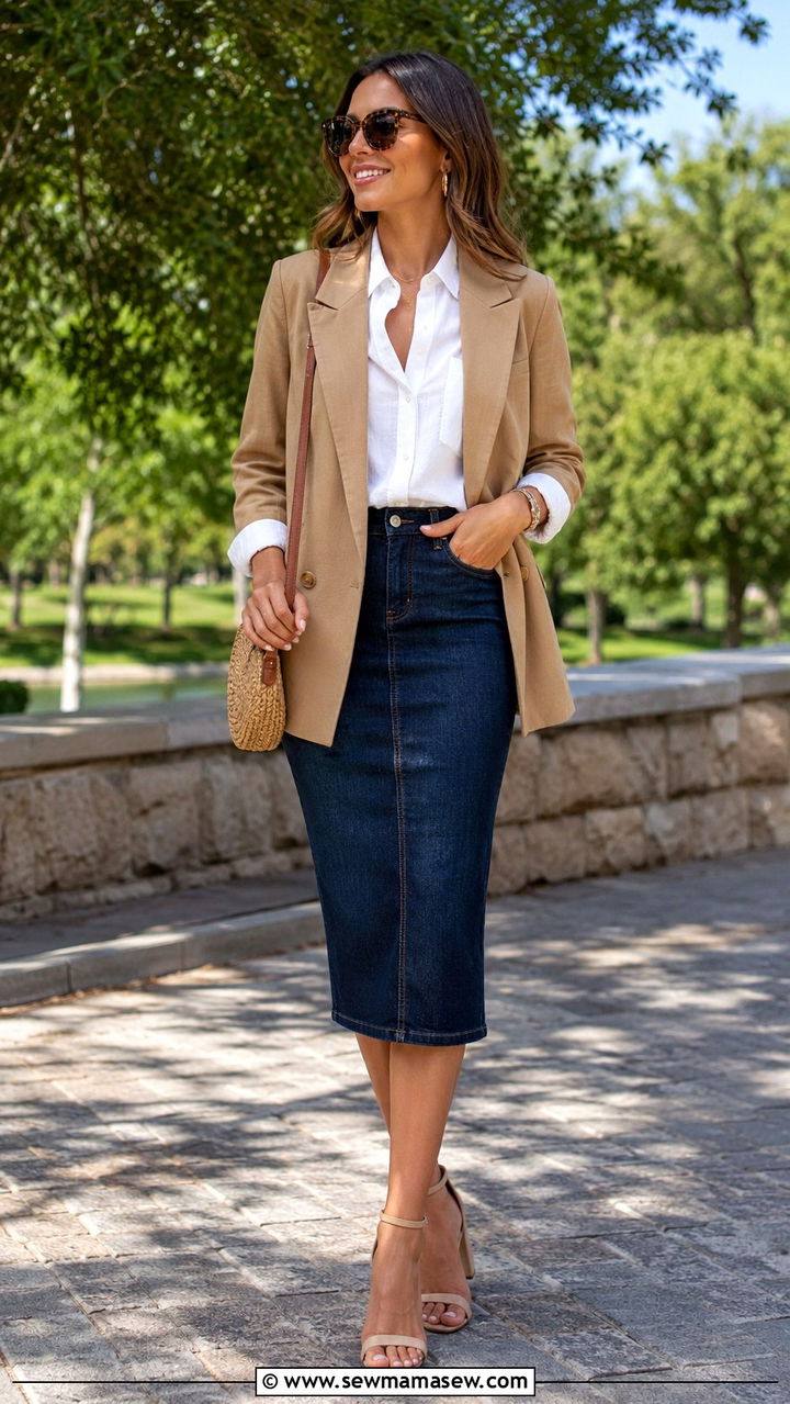 Denim Pencil Skirt with Blazer - 30 Pencil skirt outfit ideas with a blazer