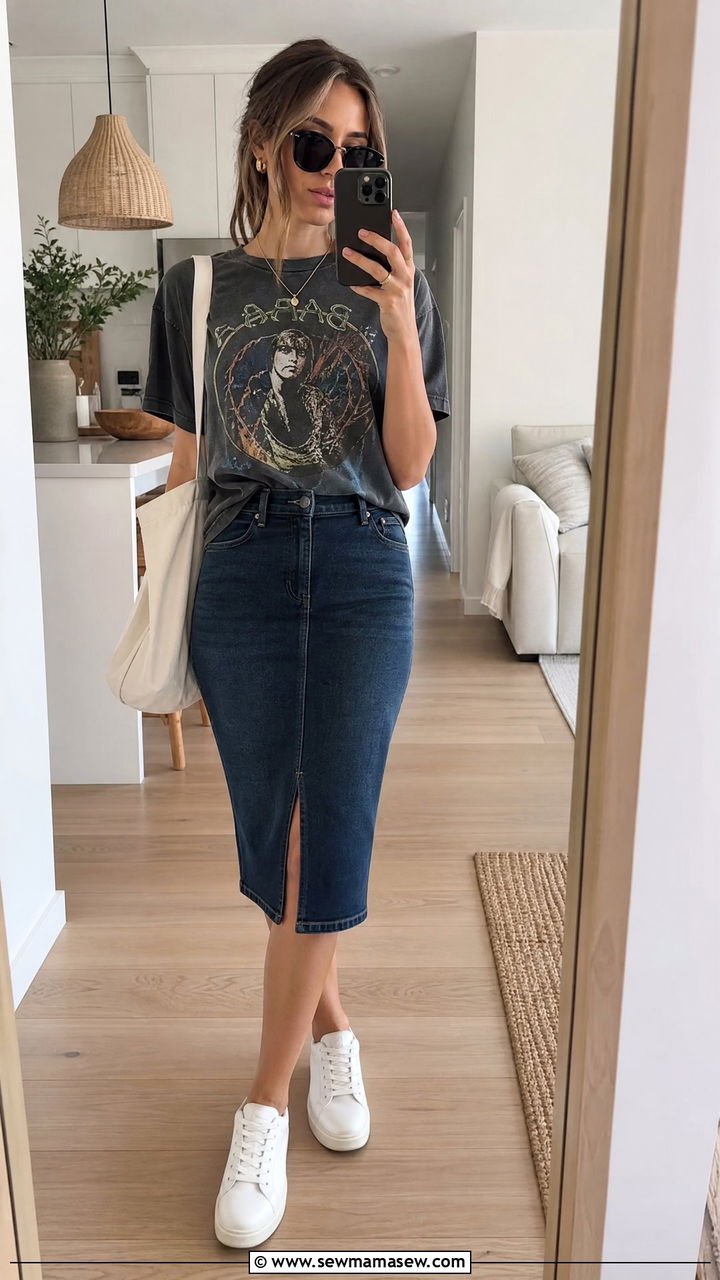 Denim Pencil Skirt with Graphic Tee - 30 Pencil skirt outfit ideas with a tee