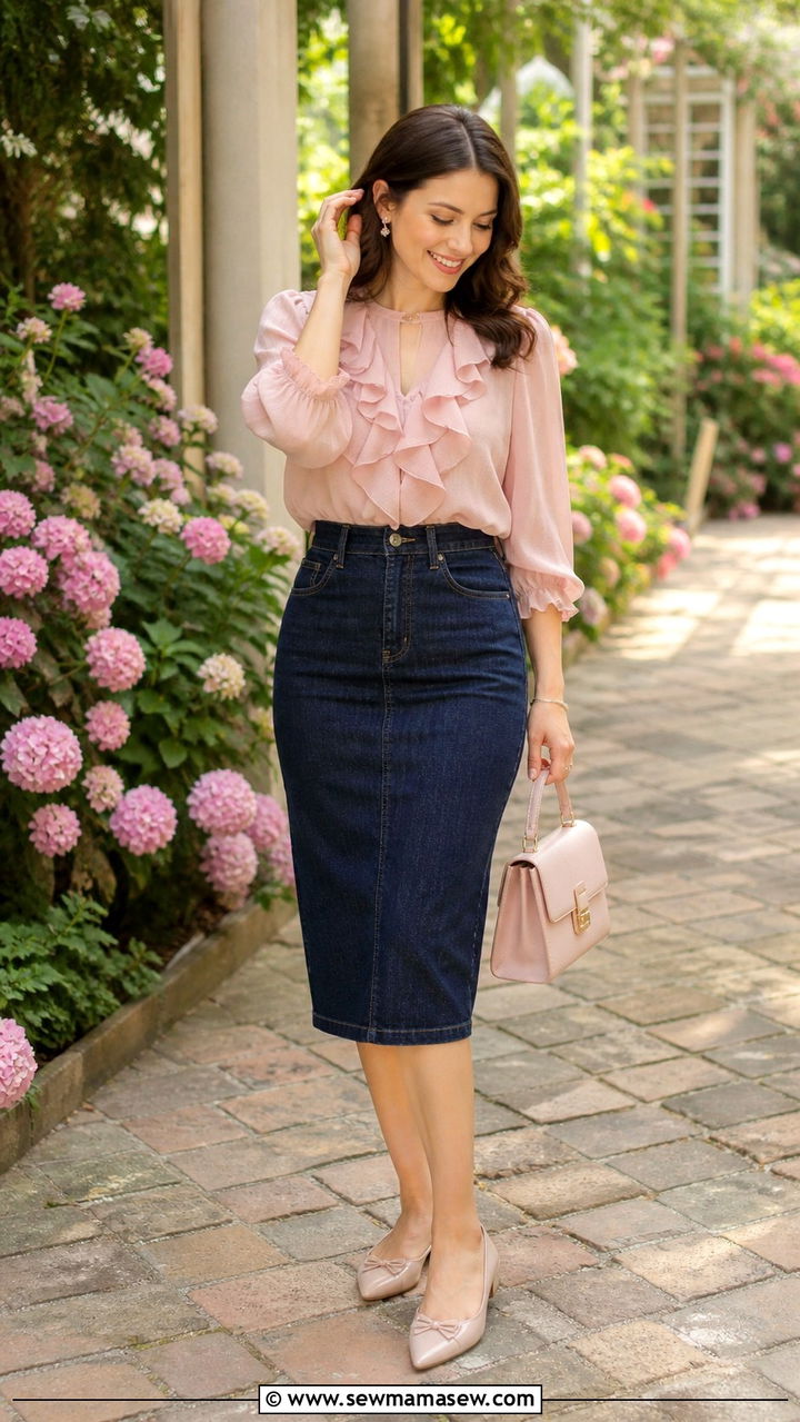 Denim Pencil Skirt with Ruffled Blouse and Pointed Flats - 40 denim skirt outfit ideas