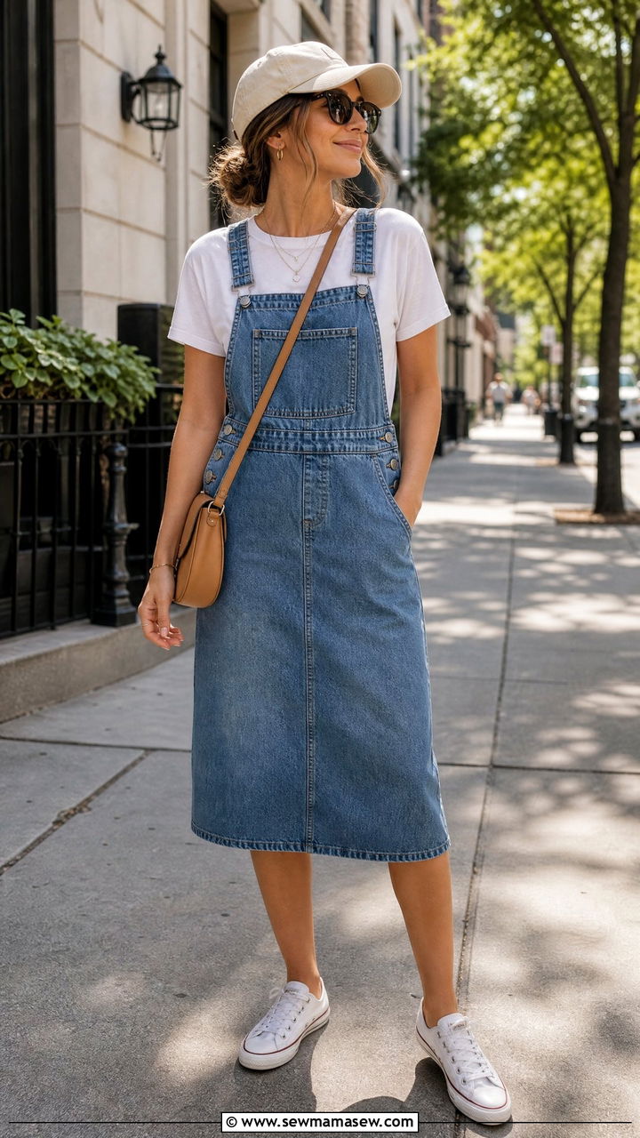 Denim Pinafore Dress Over A White Tee - 30 spring denim dress outfit ideas