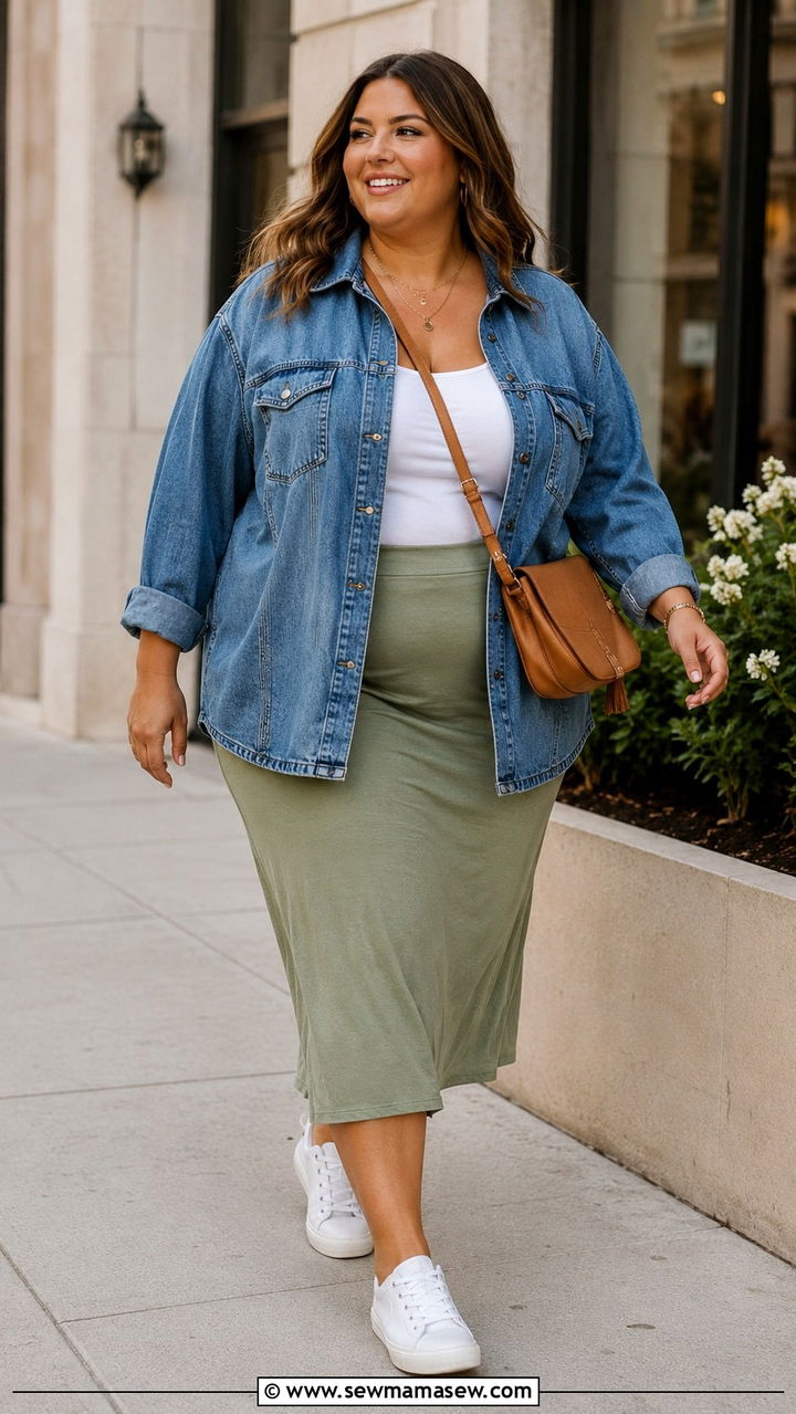 Denim Shacket with Jersey Midi Skirt - 30 spring plus size outfit ideas