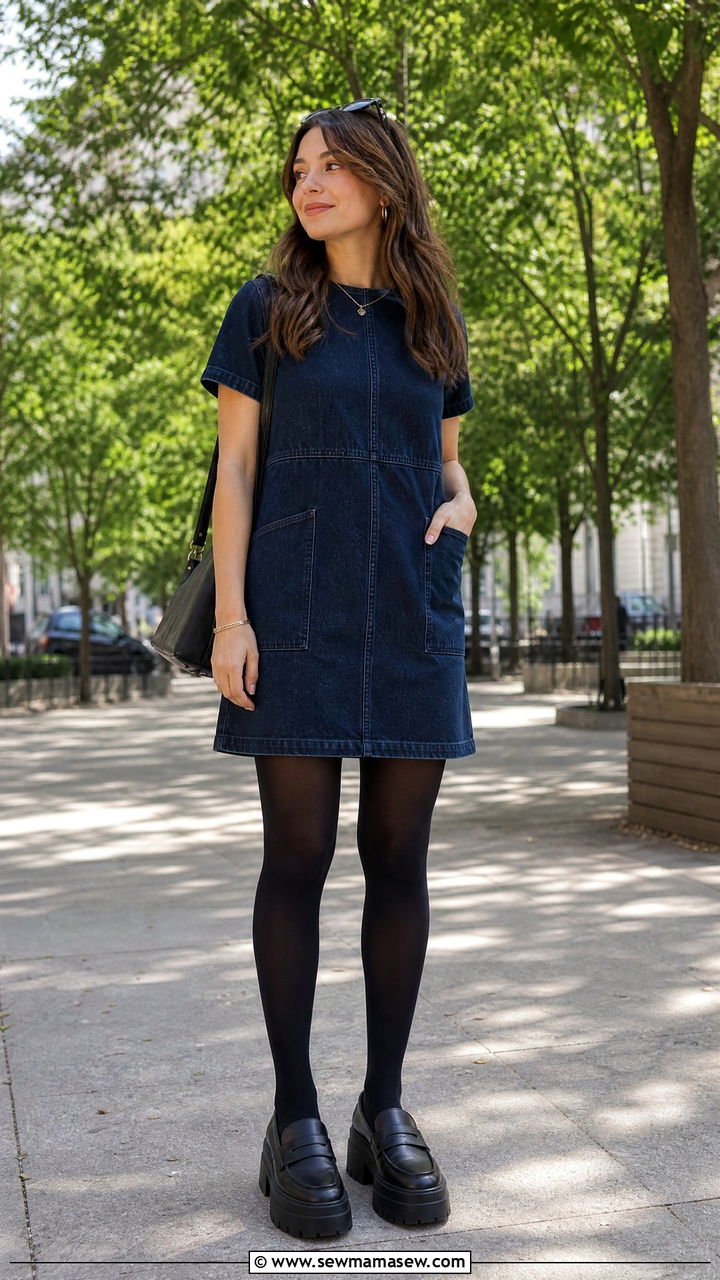 Denim Shift Dress With Black Tights And Chunky Loafers - 25 Shift dress outfit ideas with tights