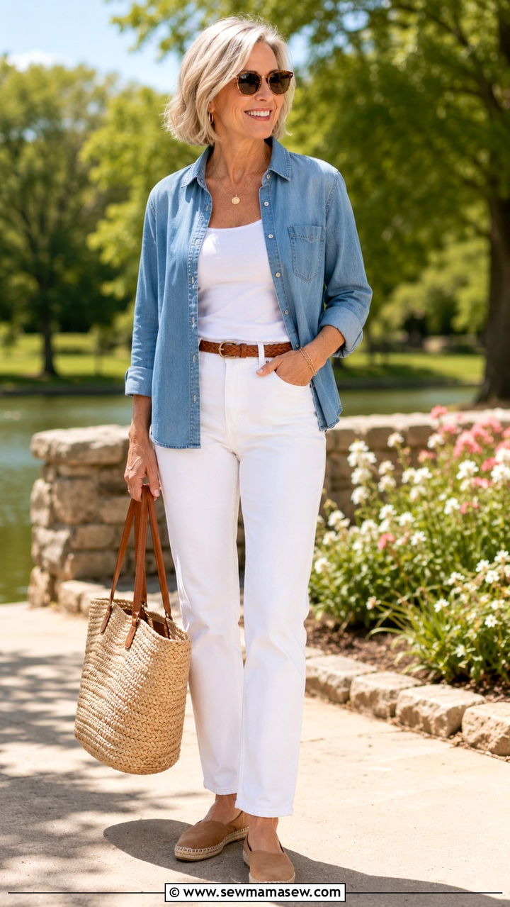 Denim Shirt And White Jeans Mom Outfit - 30 Outfit ideas for women over 50 school drop off
