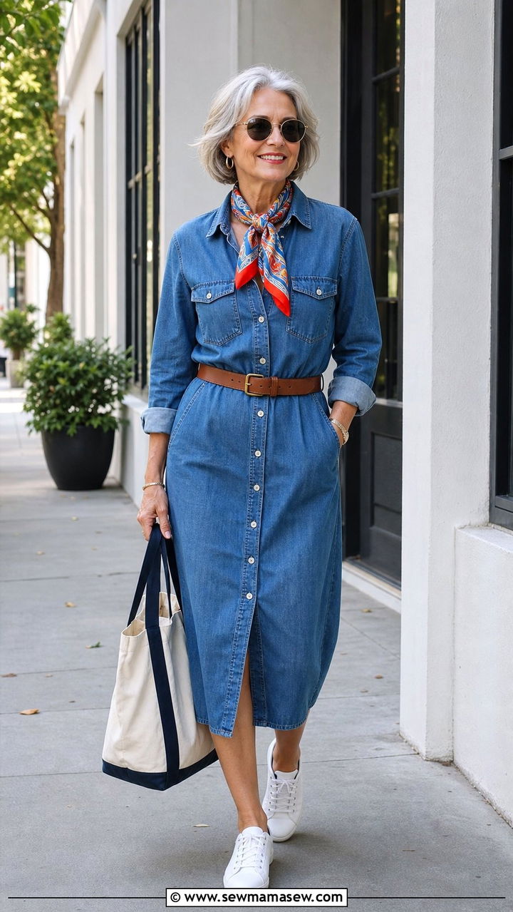 Denim Shirt Dress With A Colorful Scarf - 25 Dress outfit ideas for women over 60