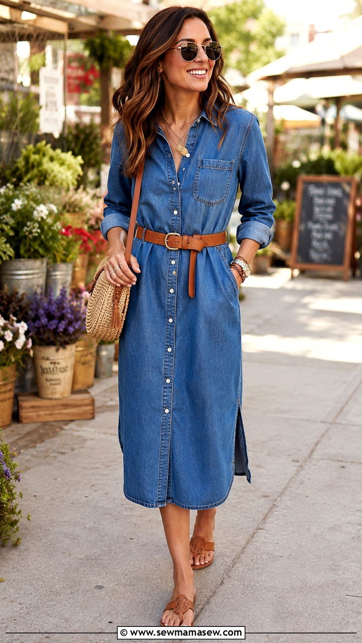 Denim Shirt Dress With Belt and Flat Sandals - 30 Early spring outfits