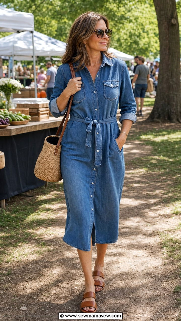 Denim Shirt Dress With Brown Leather Slides - 25 shirt dress outfits for women over 40