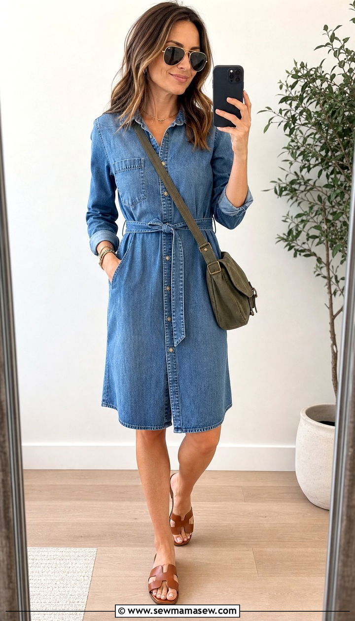 Denim Shirt Dress With Brown Sandals - 25 Shirt dress outfit ideas with sandals