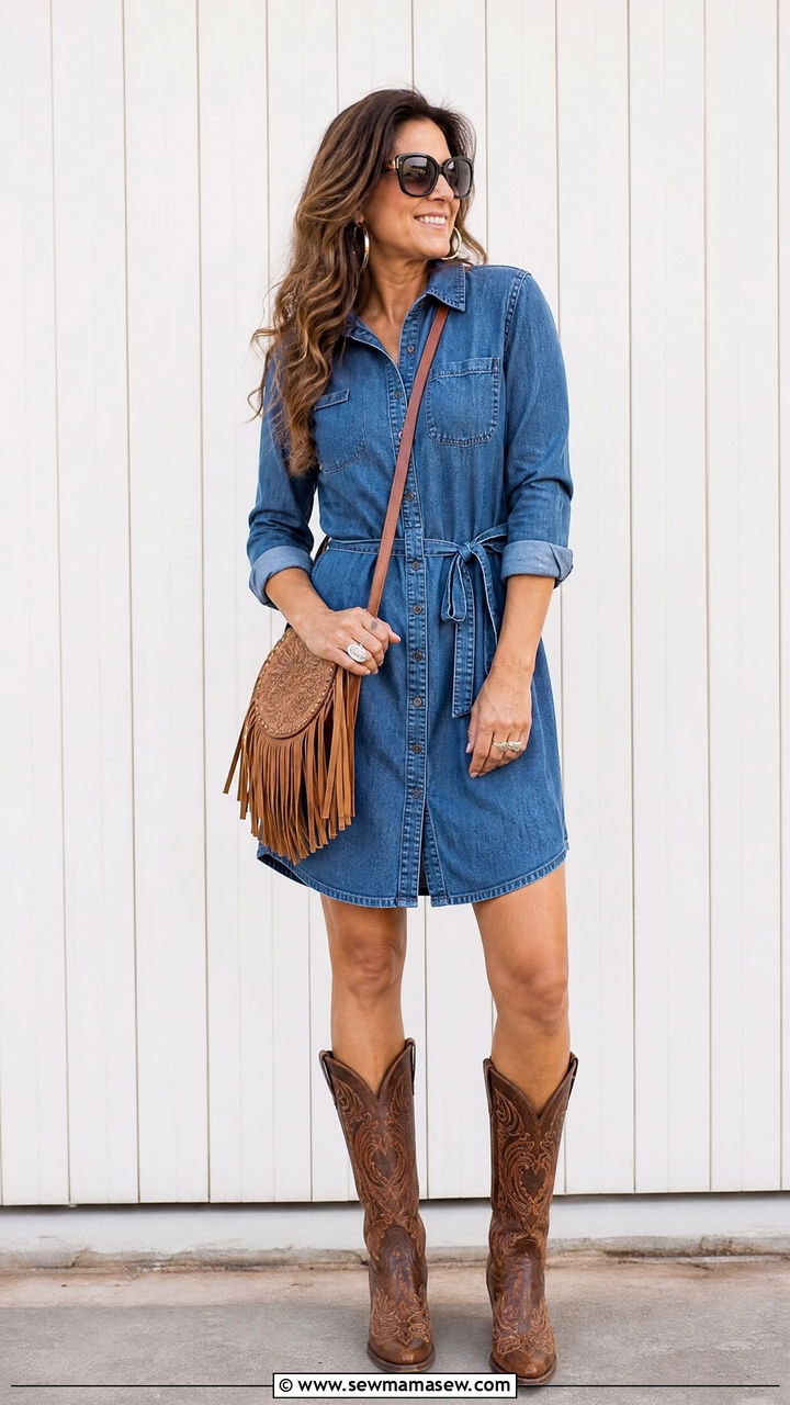 Denim Shirt Dress With Tooled Cowboy Boots - 30 country concert outfits for women over 40