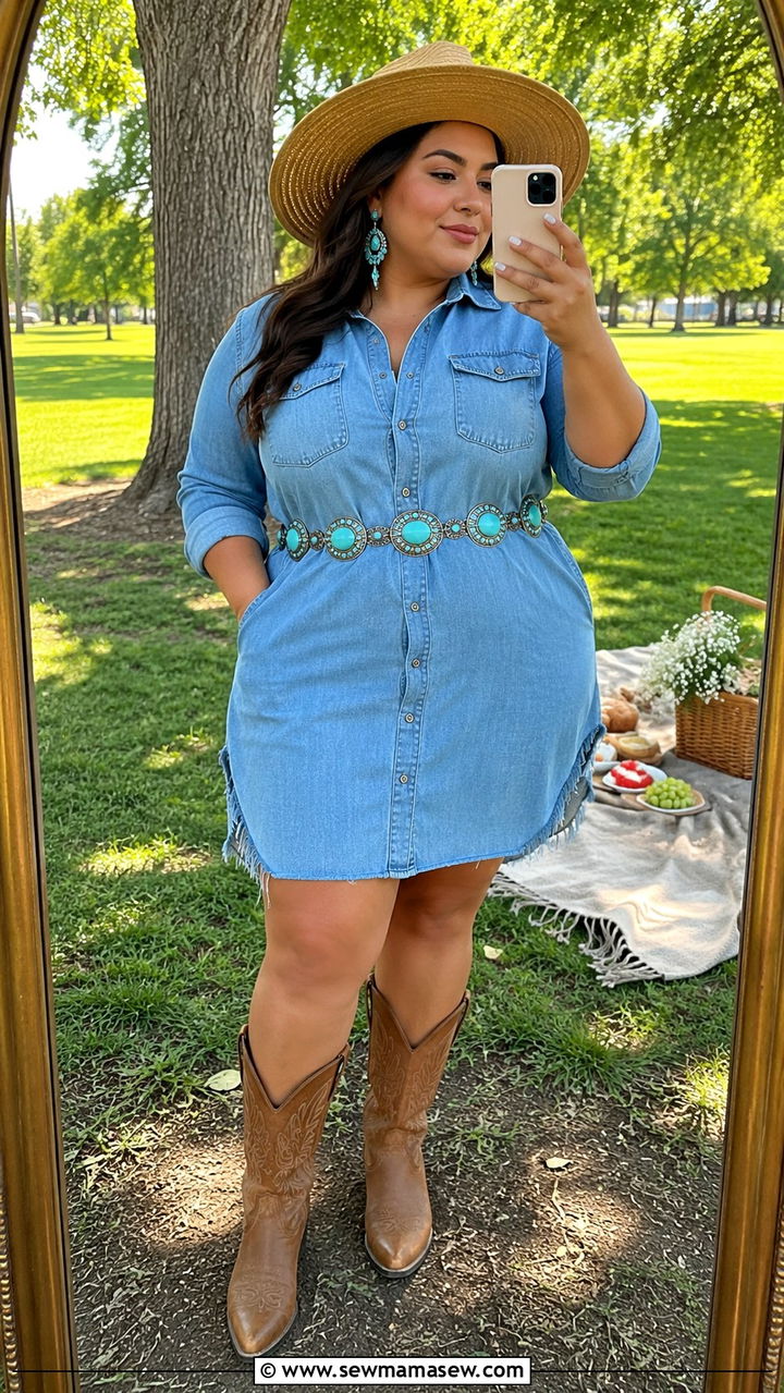 Denim Shirt Dress With Turquoise Belt - 25 Western outfit ideas plus size