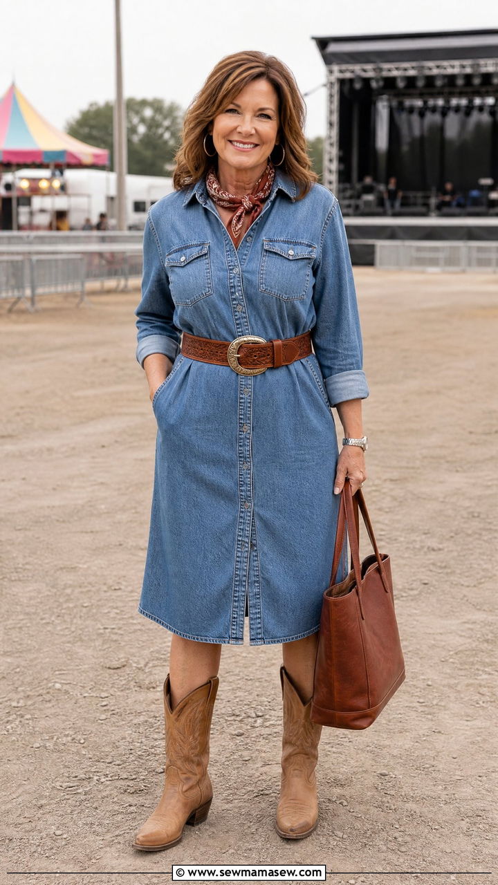Denim Shirt Dress With Western Belt - 30 Concert outfit ideas for women over 50