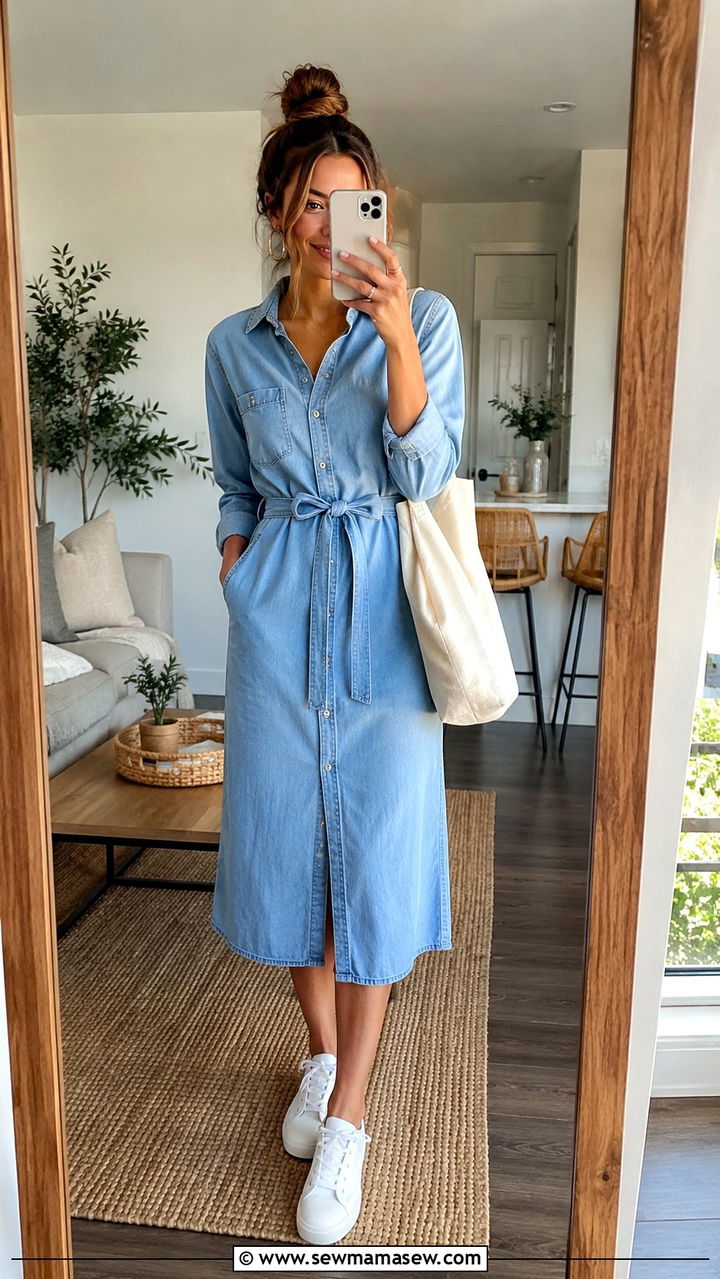 Denim Shirt Dress With White Sneakers - 30 shirt dress outfit ideas for women