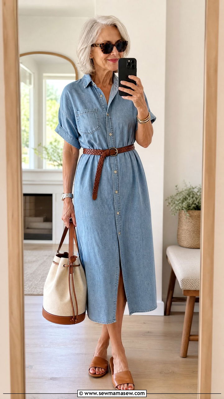 Denim Shirt Dress with Braided Belt - 30 Elegant outfits for older women