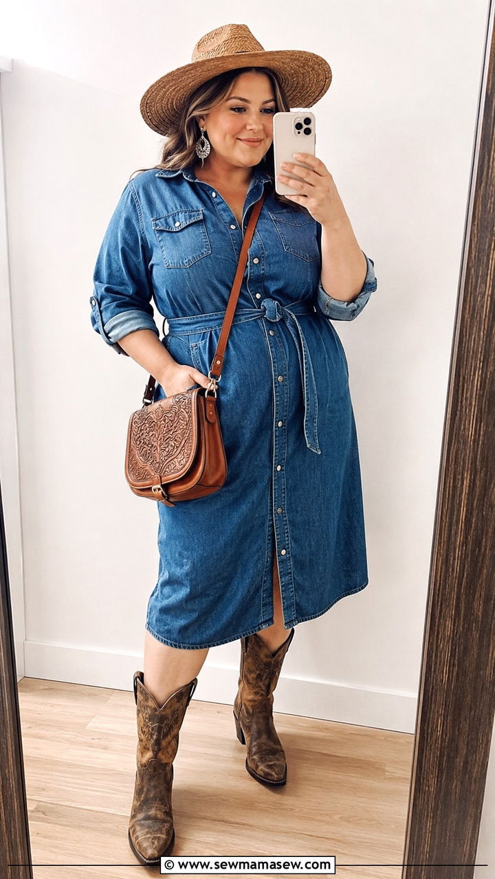 Denim Shirt Dress with Cowboy Boots - 25 Plus size outfit ideas western