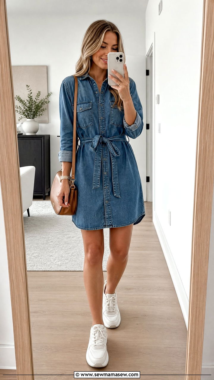 Denim Shirt Dress with Sneakers - 25 chic shirt dress outfit ideas