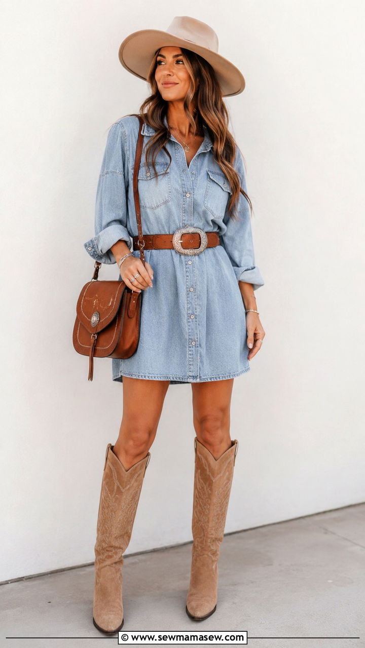 Denim Shirt Dress with Western Belt Outfit - 30 chic country concert outfits for women