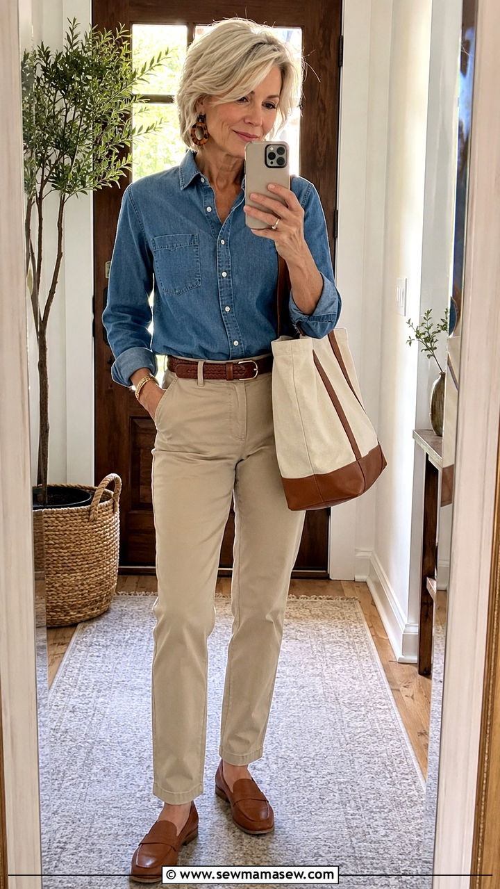 Denim Shirt Khaki Trousers - 30 Outfit ideas for women over 50 errands