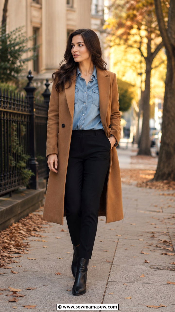 Denim Shirt Under Camel Coat With Slim Trousers and Leather Boots - 30 casual preppy outfits