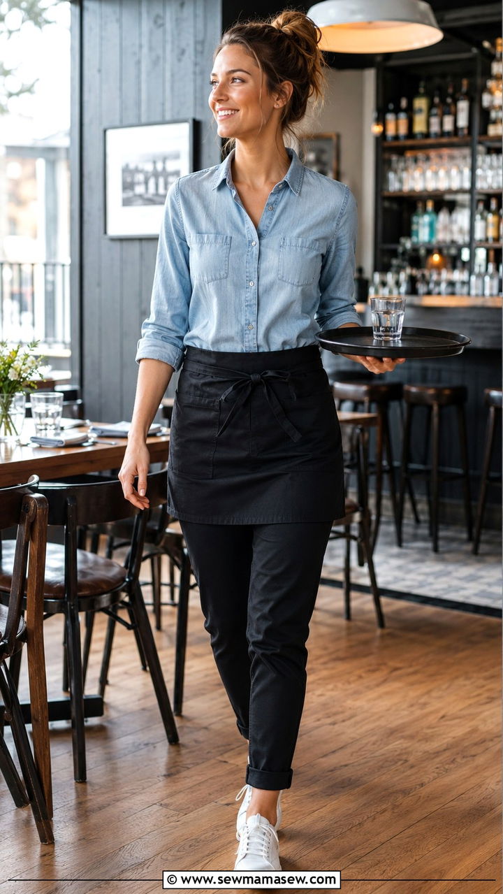 Denim Shirt With Black Stretch Chinos And White Sneakers - 25 Restaurant server outfit ideas