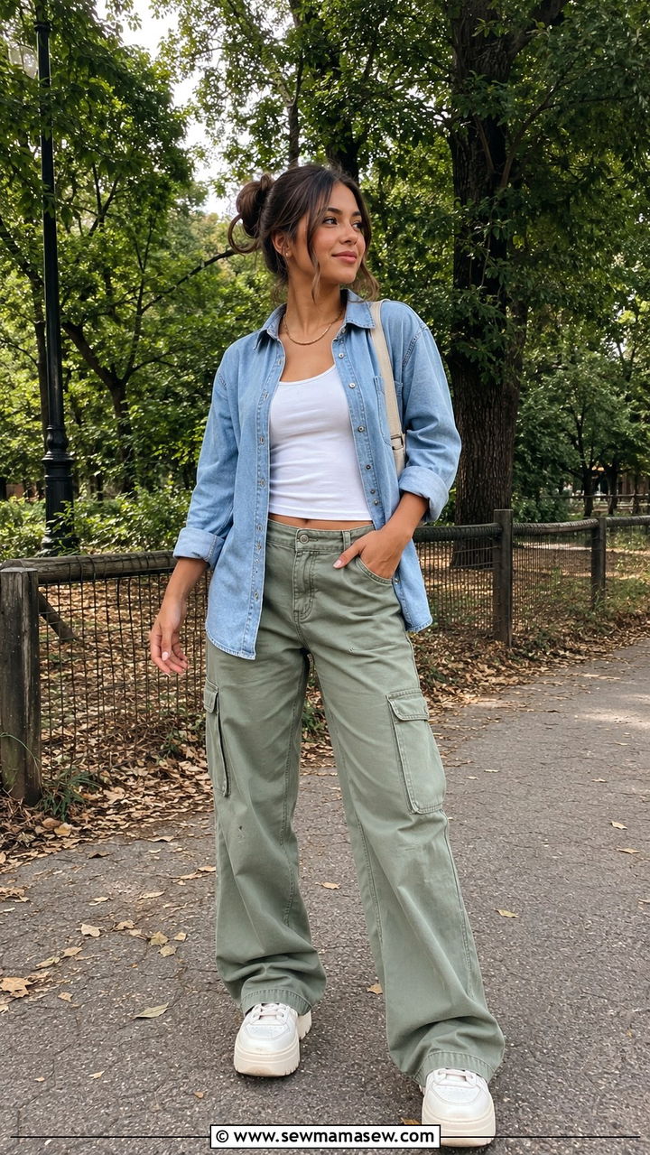 Denim Shirt With Cargo Pants And Platform Sneakers - 30 transitional outfits inspo