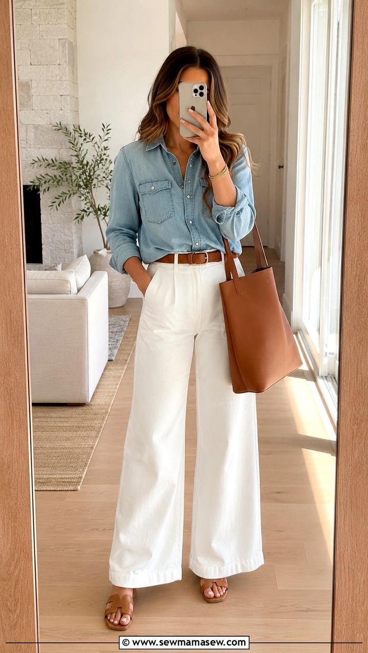 Denim Shirt With White Wide Leg Pants - 30 spring outfits for women over 30