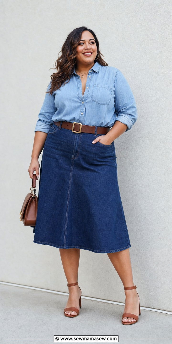 Denim Shirt and Denim Midi Skirt - 25 Double denim outfit ideas plus size