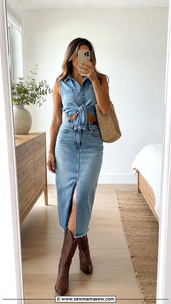 Denim Shirt and Midi Skirt With Cowboy Boots - 20 coastal cowgirl outfits to copy