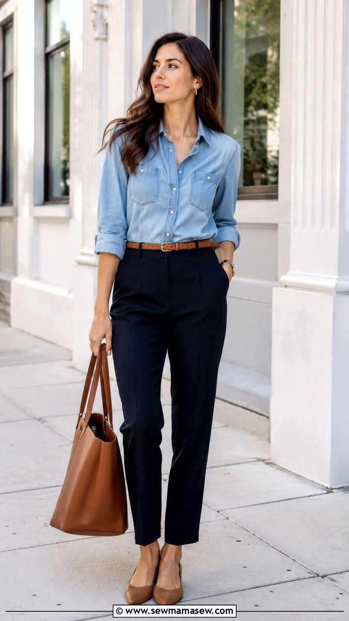 Denim Shirt and Tailored Trousers Spring Outfit - 30 spring outfits 2026 women aesthetic