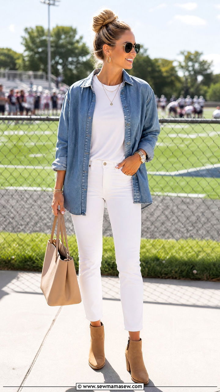 Denim Shirt and White Jeans Outfit - 25 Football game outfit ideas mom